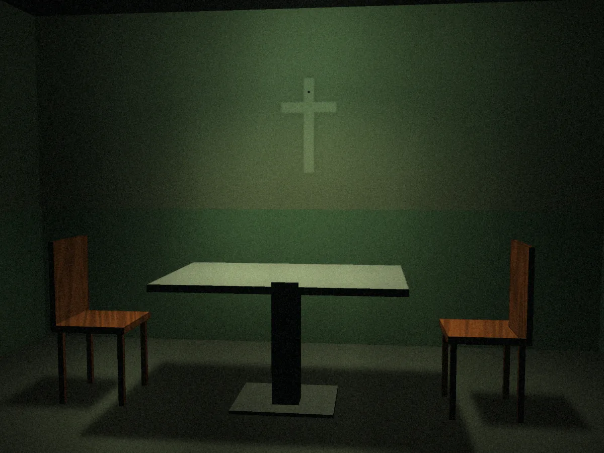 Death Row concept art: a small green-painted room lit by one bare bulb, a bolted steel table between two empty wooden chairs, and a paler cross-shaped patch on the wall where a crucifix once hung