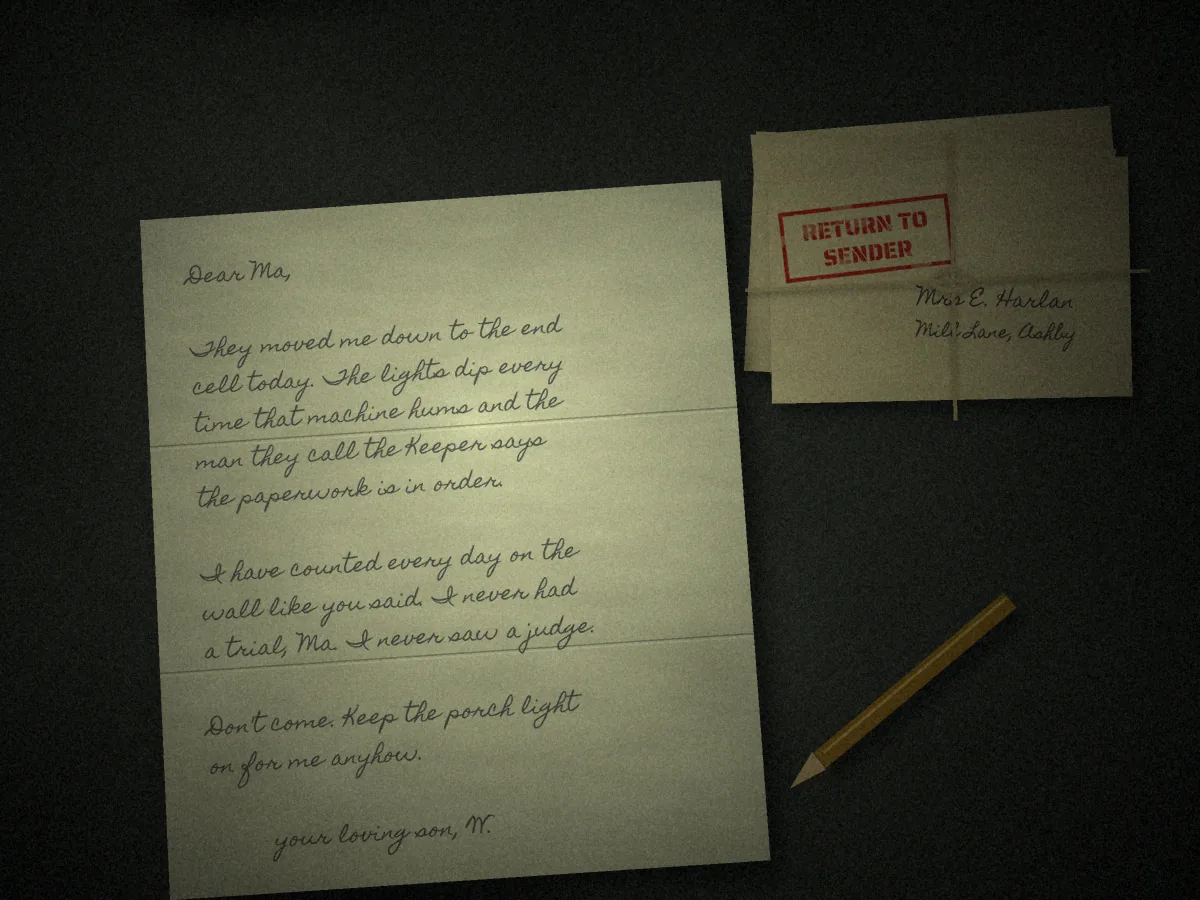 Death Row concept art: a pencilled letter beginning “Dear Ma” unfolded on a prison blanket beside a pencil stub and a string-tied bundle of envelopes stamped Return to Sender in red