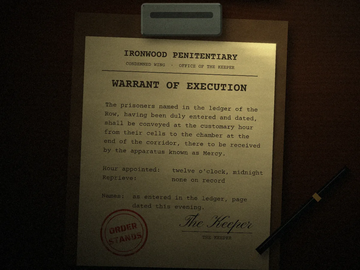 Death Row concept art: a typed warrant of execution on Ironwood Penitentiary letterhead clipped to a clipboard, naming midnight as the hour, signed The Keeper in copperplate and stamped Order Stands in red