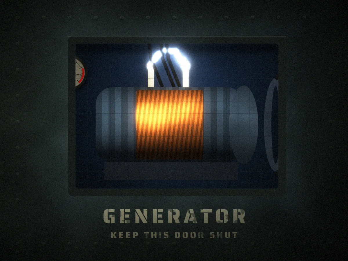 Death Row concept art: through the wired window of a riveted steel door stencilled Generator, Keep This Door Shut, an old dynamo with glowing copper windings and a blue-white arc crackling between its terminals