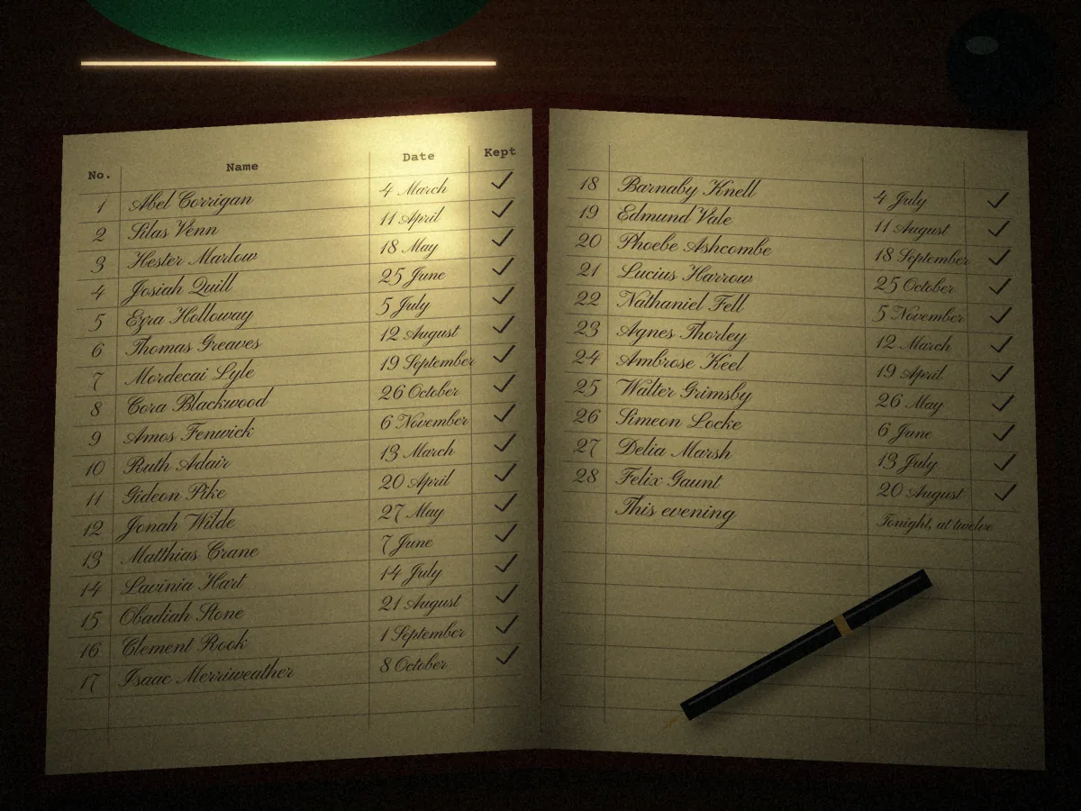 Death Row concept art: the Keeper’s ledger open on his desk, columns of invented names and dates in copperplate each ticked as kept, the last line reading “This evening”, a fountain pen across the page