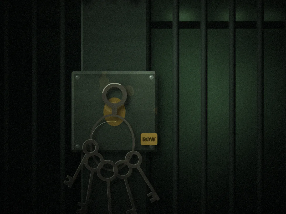 Death Row concept art: an iron key left in the riveted lock box of a barred cell door, a ring of old warded keys and a brass tag stamped Row hanging from it, the corridor glowing green beyond the bars