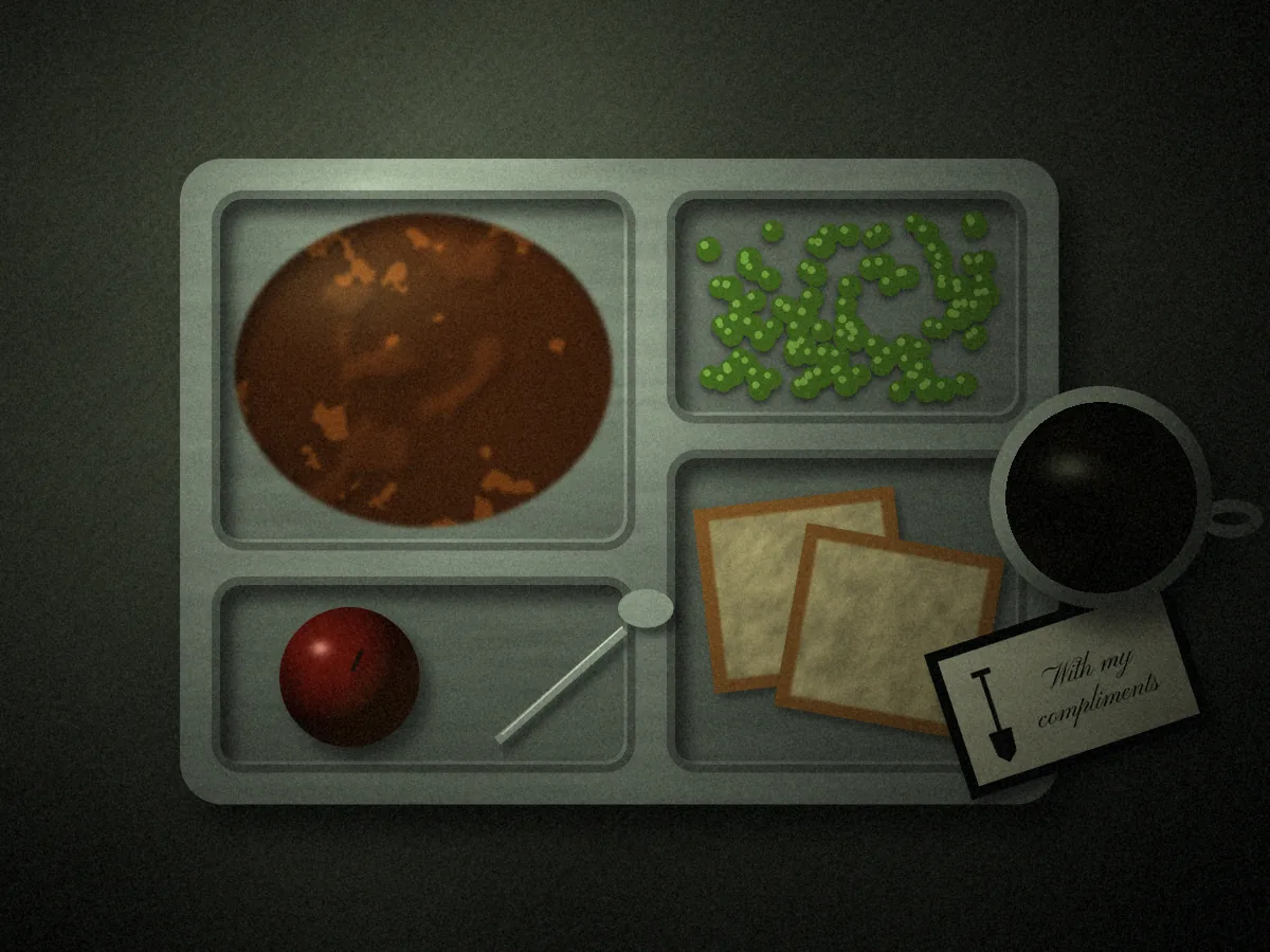 Death Row concept art: a tin prison tray on a grey blanket holding cold stew, peas, two slices of bread and an apple, with a mug of black coffee resting on a black-edged calling card that bears a small shovel and the words “With my compliments”