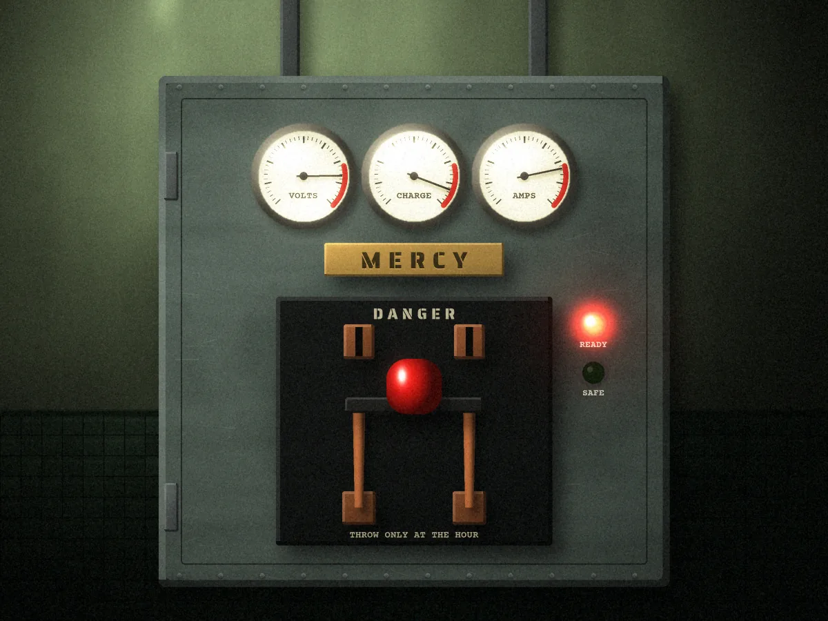 Death Row concept art: a riveted steel switch cabinet with three gauges creeping into the red, a brass plate engraved Mercy, an open copper knife switch with a red handle and a lit red Ready lamp