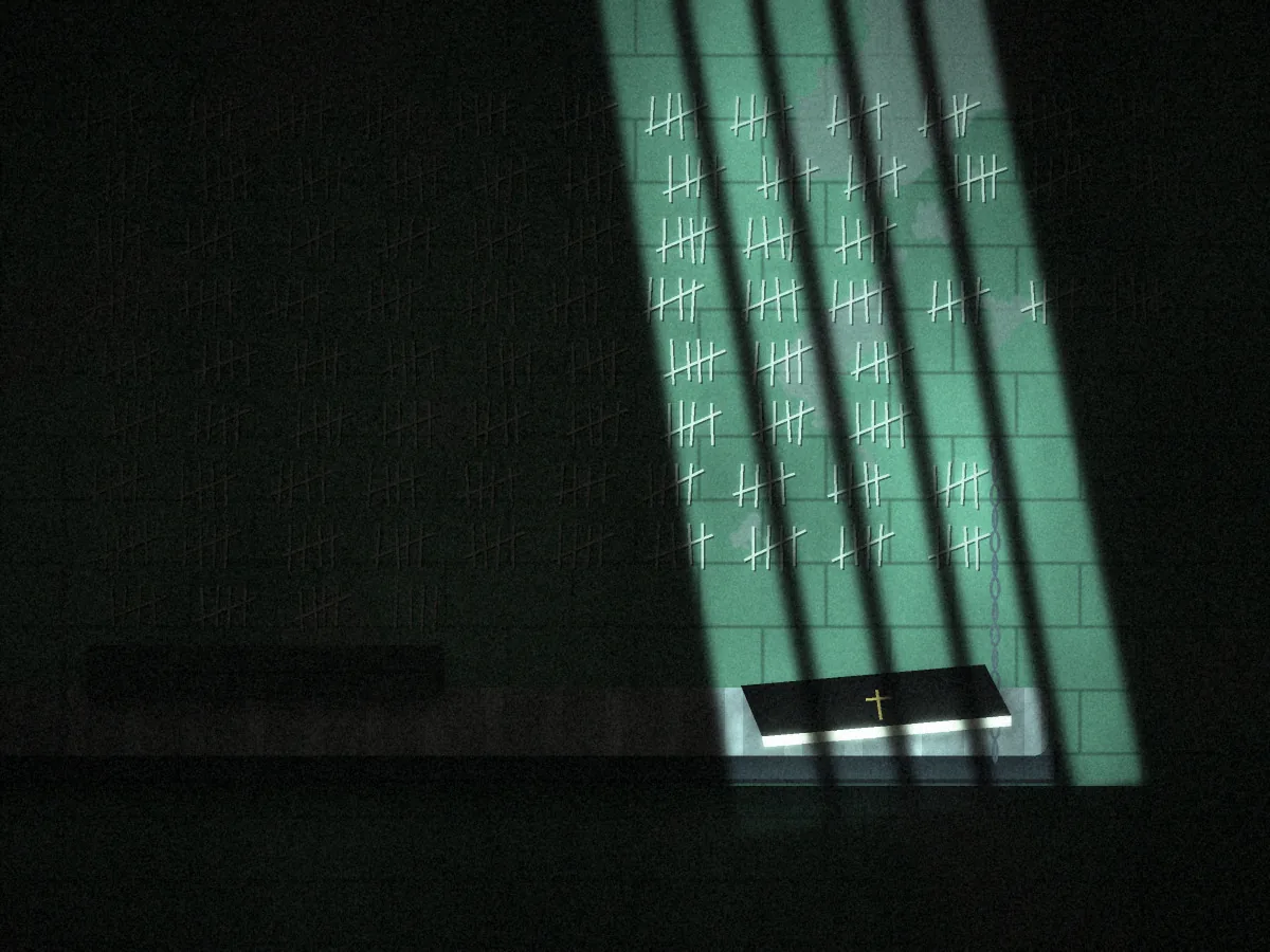 Death Row concept art: rows of tally marks scratched through green cell paint, crossed by a slanting shaft of moonlight striped with the shadows of window bars that falls on a Bible lying on a steel bunk