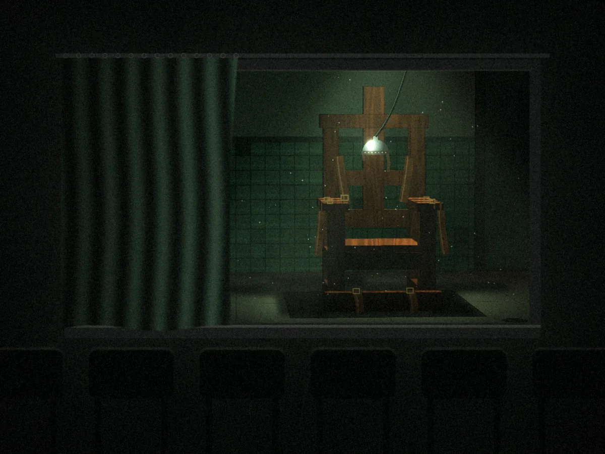 Death Row concept art: seen from the dark witness room past a row of empty seat backs, a half-drawn green curtain and a steel-framed window onto the tiled execution chamber, where the empty wooden chair waits under a hanging lamp